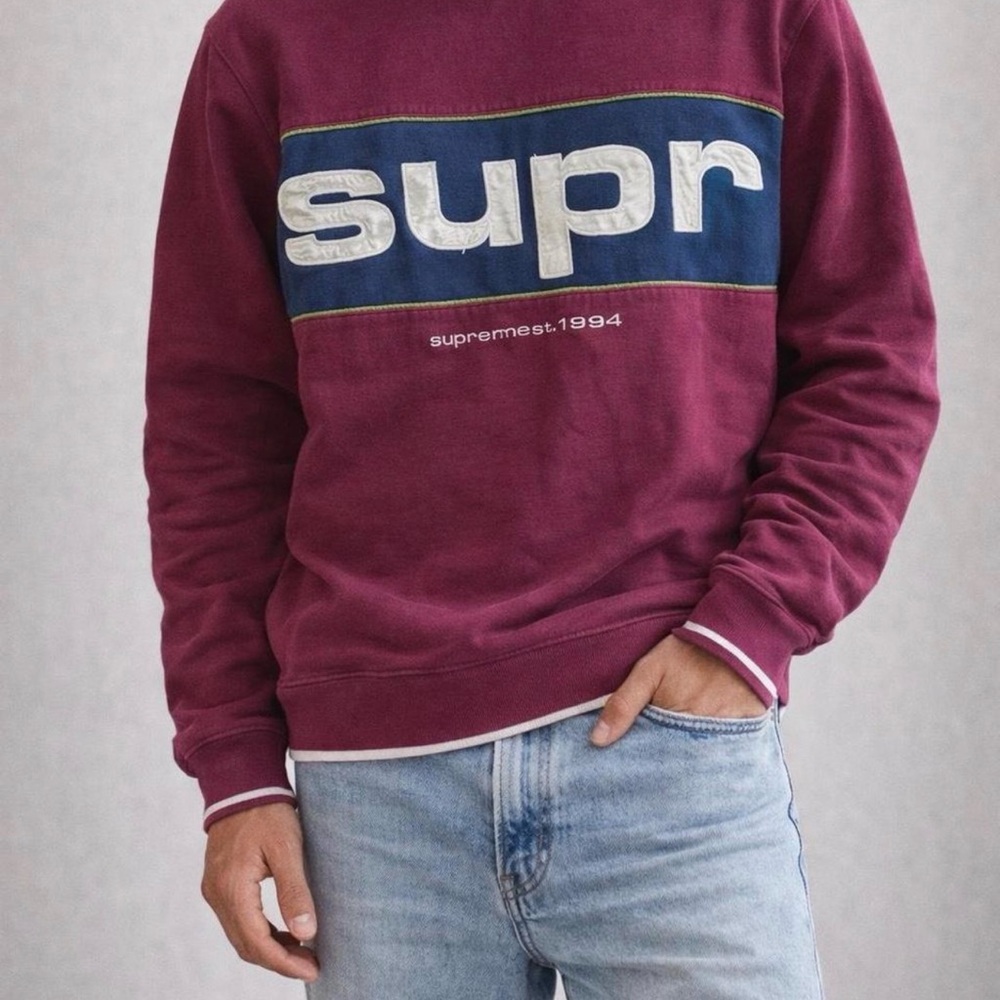 Supreme Maroon Crewneck with Navy Chest Panel and White Logo